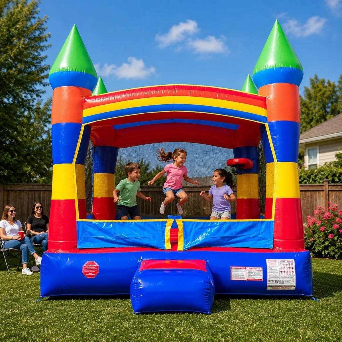 Children bouncing inside a colorful inflatable bounce castle in a sunny backyard