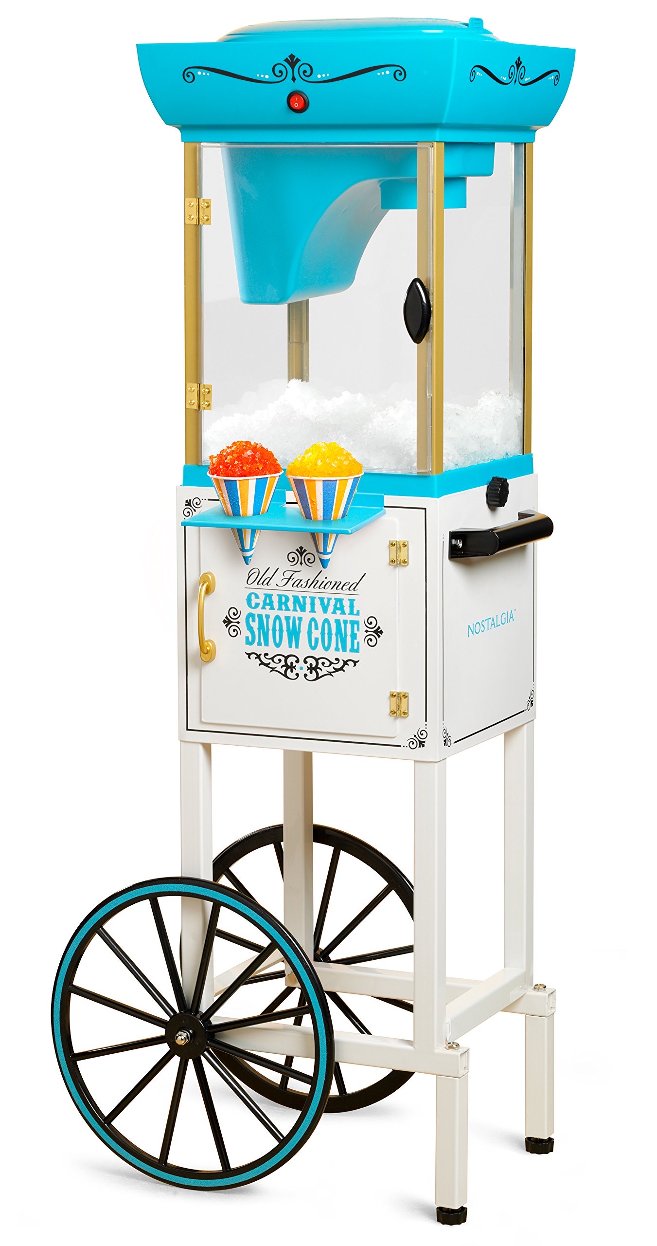 A vintage-style carnival snow cone machine cart