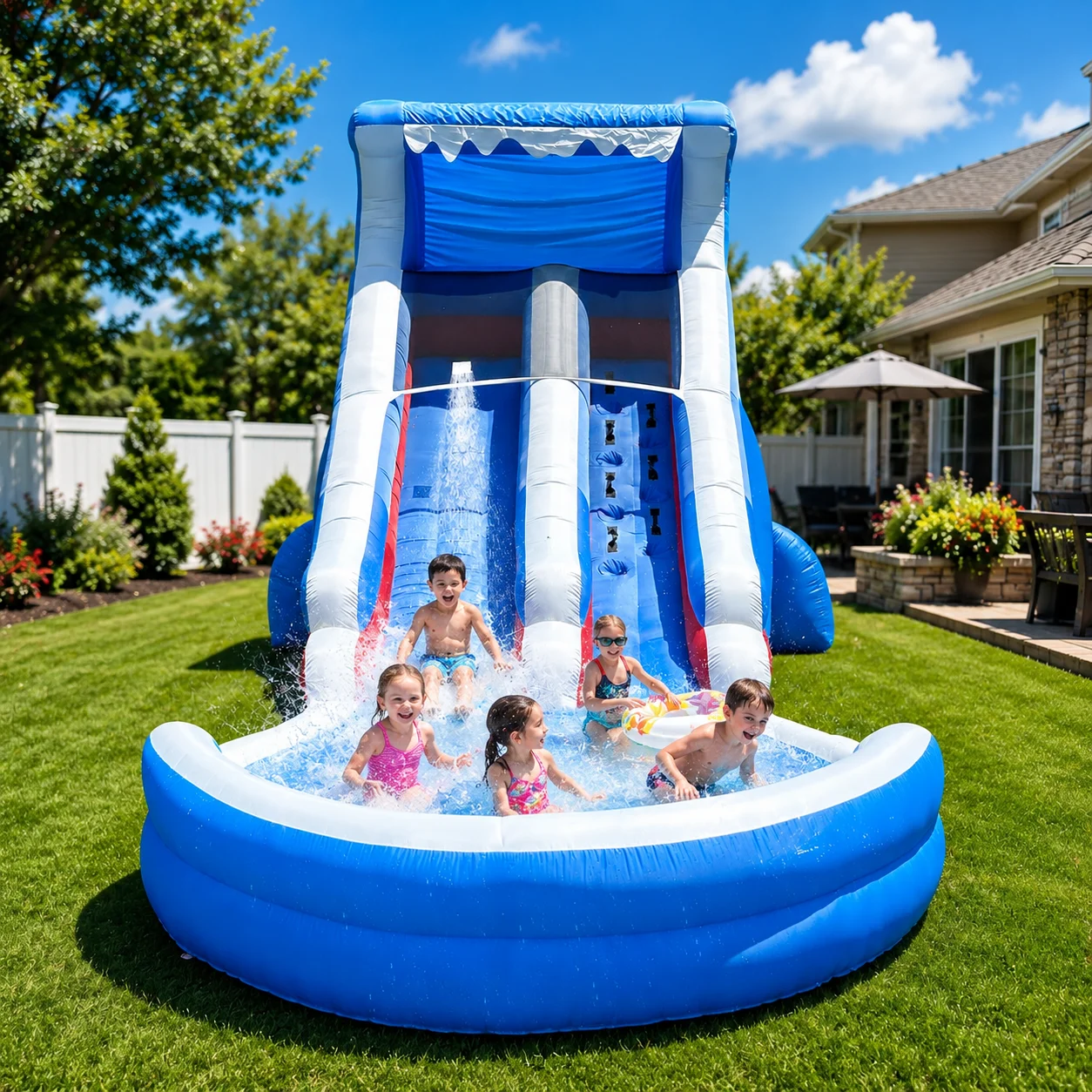 Children splashing in the pool of a tall blue inflatable water slide